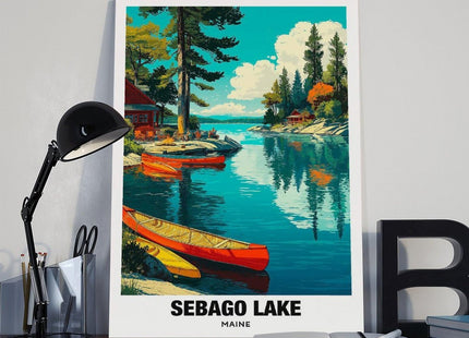 FtAmHbf Sebago Lake Scenic Maine ForestCalm Water Landscape Poster Bedroom Decor Sports Landscape Office Room Decor Gift Style:Frame 12x18inch