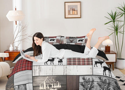 Erosebridal Hunting Deer Bear Bedding Set Twin, Rustic Elk Woodland Animal Comforter Cover Farmhouse Cabin Lodge Decor, Retro Wildlife Duvet Cover Red Black Buffalo Plaid Bedspread Cover, Grey