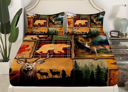 Manfei Hunting Sheet Set King Size, Wildlife Deer Bear Adventure Hunting Theme Bed Sheet Set 4pcs with Deep Pocket Fitted Sheet + Flat Sheet + 2 Pillowcases, Farmhouse Bedding Set for Kids Boys Teens