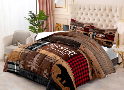 LUVIVIHOME 3PCS Cabin Comforter Set King Size, Rustic Farmhouse Bedding, Black Bear Deer Elk Moose Forest Animal Wildlife Hunting Country Brown Patchwork White Red Plaid Lodge Quilt, 2 Pillow Shams