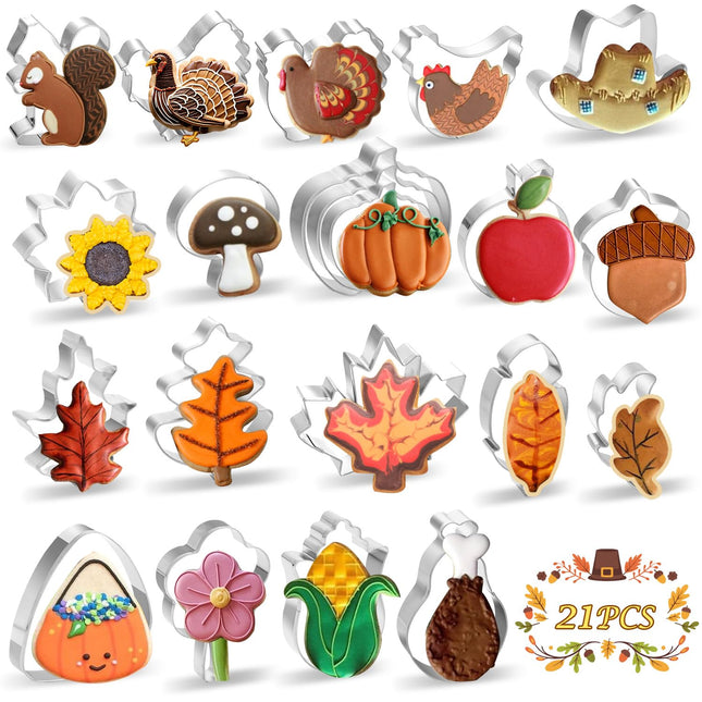 Thanksgiving Cookie Cutters Set, 21 Pcs Stainless Steel Fall Cookie Cutters Shapes of Turkey Pumpkin Maple Leaf Squirrel Acorn Mushroom Candy Corn for Cute Cookies Cupcake Pie Crust Decoration DIY
