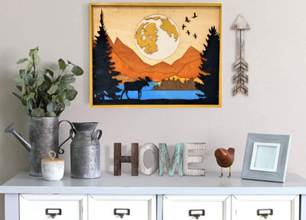 ImprovingLife Wall Art Décor Moose in the Forest Ladscape Wood Sculpture 3D effect