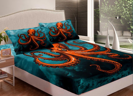 Octopus Ocean Bed Sheet Set 4 Piece,Red Marine Life Mystery Undersea World Blue,Quality Brushed Microfiber Bedding Set with Flat,Fitted Sheet,2 Pillow Cases,Full