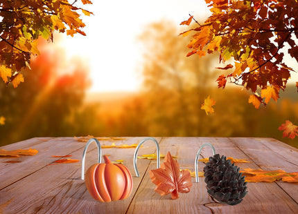 Estmy 12PCS Fall Autumn Shower Curtain Hooks Rings Fall Bathroom Decor Accessories Metal Rustproof Maple Leaf Pumpkins Pinecone Fall Leaves Thanksgiving Decorative Shower Hooks Rings for Curtains