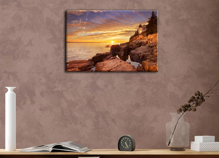 Sunset Coastal Wall Art Bass Harbor Beach Bathroom Decor Acadia National Park Poster Ocean Landscape Canvas Prints Pictures Modern Nature Lighthouse Artwork for Living Room Home Decoration 12x16"