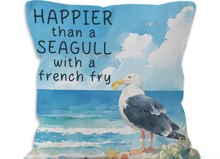 VRW Coastal Beach Seagull Throw Pillow Covers 18x18, Funny Happier Than a Seagull with a French Fry Decorative Pillow Covers for Home Bedroom, Ocean Beachy Room Decor Accent Pillows Cover Pillowcases