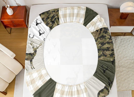 Camouflage Sheet Set Twin Size Woodland Camo Bed Sheet Set 3pcs with Deep Pocket Fitted Sheet + Flat Sheet + 1 Pillowcase Green and Beige Plaid Deer Print Bedding Set for Kids Boys Teens Room Decor