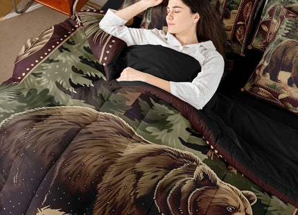 Erosebridal Rustic 7 Piece Comforter Set Queen | Farmhouse Cabin Bear Bed in A Bag Jungle Hunting Wild Animal Sheet Set Breathable Lightweight Brown Countryside Fitted Sheet Reversible