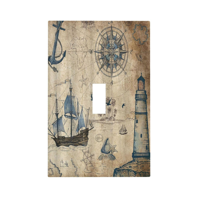 Nautical Ocean Single Toggle Light Switch Covers Decorative 1 Gang Wall Plate Lighthouse Sailboat Anchor Coastal Electrical Device Switchplate Faceplate for Farmhouse Bathroom Decor