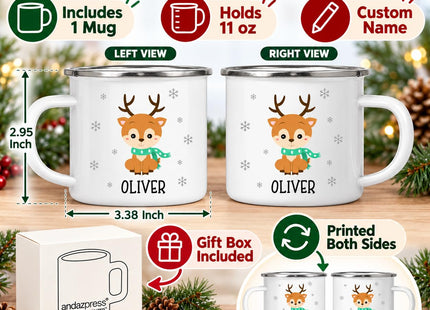 Andaz Press Kids Personalized Cute Snowflake Christmas Animals 11oz. Stainless Steel Campfire Hot Chocolate Mug, Baby Reindeer Custom Name 1-Pack, For Children, Christmas Ideas Xmas Campfire Mugs