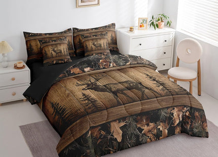 Erosebridal Camo Moose Bed in A Bag 7 Piece Rustic Tree Camouflage Bedding Set Twin Woodland Hunting Animal Comforter Set with Sheets for Kids Adults Farmhouse Wood Board Pine Tree Wildlife Bed Set