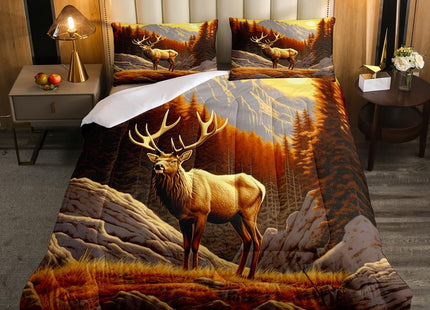 Deer Hunting Quilt Queen,Anlter Hunter Bedding Set for Adults Men Boys Home Room Decor,Western Mountian Woodland Tree Duvet Insert Retro Rustic Country Cabin Lodge Comforter Set with 2 Pillowcases