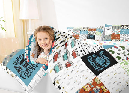 Erosebridal Kids Camper Comforter Set Twin Size Happy Camping Bedding Set for Boys Girls,Rv Accessories Quilt for Inside Travel Trailers,Rustic Woodland Travel Duvet Insert with 1 Pillow Case