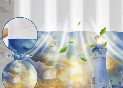 Hook-free Watercolor Sunset Lighthouse Ocean Wave Seascape Shower Curtain