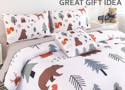 BYHOFMLY Queen Comforter Set for Boys 6 Pieces Forest Theme White Bedding Set with Sheets Woodland Animals Printed Teen Boy Bed in A Bag for All Season (Forest, Queen)