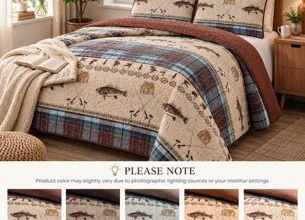 River Fly Fishing Rustic Cabin Lodge Quilt Bedspread Bedding Set with Fishing and Southwestern Plaid Tweed Patterns Blue Brown - River Lodge (King / Cal-King)