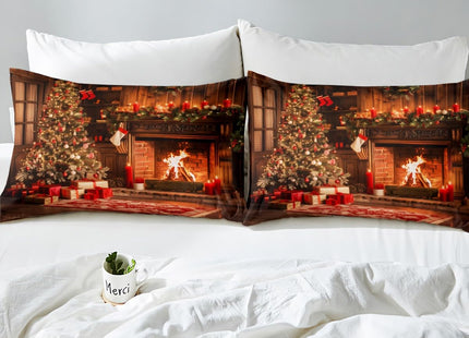 Xmas Duvet Cover Set Queen Size,Christmas Fireplace Christmas Tree Bedding Set Kids Boys Girls Room Decor,Merry Christmas Comforter Cover 3Pcs,Pine Tree Bedspreads Cover,2 Pillowcases(NO Comforter)