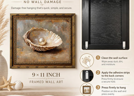Vintage Gold Framed Wall Art, Seashell and Pearl Canvas Print, 11x9 In