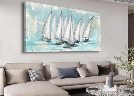 Shoci Ocean Sailboat Wall Art, White Sailing Boat Canvas Decor, 24" X 48"