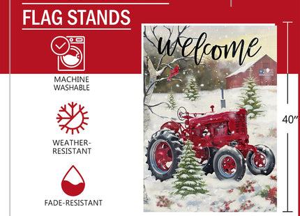 Furiaz Welcome Winter Red Tractor Large House Flag, Pine Tree Cardinal Red
