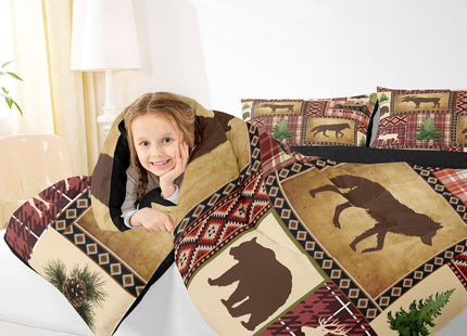 Erosebridal Rustic Southwestern Bedding Sets Twin Buffalo Plaid Aztec Comforter Set Woodland Bear Deer Moose Wolf Comforter for Adults Men Boys Retro Western Farmhouse Hunting Quilt Duvet 2 Pcs