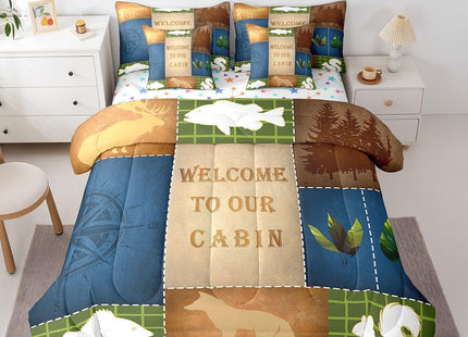 Feelyou Vinatge Bear Comforter Set with Sheets Full Size 7 Piece Kids Deer Hunting Bedding Set for Boys Teens Rustic Cabin Country Fish Bed in a Bag Rabbit Plaid Blue Bed Set