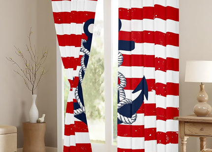 Castle Fairy Red Stripes Window Blackout Curtains,Blue Anchor Curtain,Nautical Theme Window Drapes for Kid Teens Boys Young Man,Modern Bedroom Decorative,Adventure Travel Curtain,42Wx90L