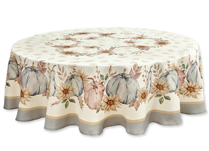 YiHomer Blue Pumpkin Bordered Thanksgiving Tabletop, Stonewashed Fall Pumpkin and Sunflower Cottage Print Easy Care Fabric, Farmhouse Harvest, Tablecloth, 70" Round