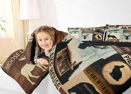 Hunting Woodland Animal Comforter Set Twin Rustic Fox Bear Deer Moose Bedding Set,Lake House Fishing Comforter For Farmhouse Cabin Lodge,Countryside Wildlife Quilt Duvet Brown Teal 1 Pillow Case