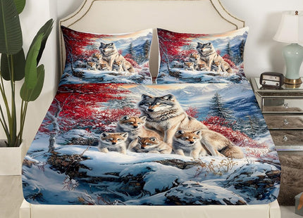 Castle Fairy Wolf Family Bed Sheet Set Twin Size 3Pcs,Animal Wolves Printed Fitted Sheet Set for Kids Boys Teens,Winter Natural Wildlife Bedding Set with 1 Flat & 1 Fitted Sheet with 1 Pillowcase