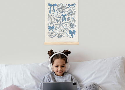 LZYRF Coquette Blue Bow Beach Seashell Wall Art Poster Framed, Coastal Beachy Room Decor, Ocean Starfish Conch Shell Canvas Prints Wall Decor for Girls Bedroom Dorm Beach House, 12x16 Inch