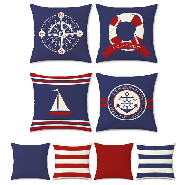 Bonhause Nautical Sailing Pillow Covers 18x18 Inch Set of 4 Two Sides Navy Blue Anchor Compass Sailboat Decorative Throw Pillow Cases Cotton Linen for Sofa Couch Bed Home Decor