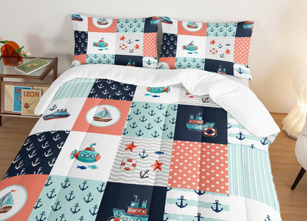 HOSIMA Nautical Bedding Set,Plaid Patchwork Pattern Hand Painted Seaplane,Boat and Anchor Comforter for Boys Kids Girls Bedroom Decor,Sea Adventure Theme Twin Comforter with 2 Pillowcases.