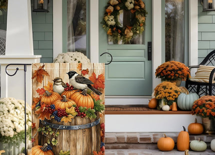 Fall Chickadee Garden Flag, Autumn Pumpkin Harvest Wooden Barrel Outdoor for Decor, Double Sided Burlap Maple Leaf Farmhouse Home Decor Yard Party Thanksgiving Decoration 12x18 Inch