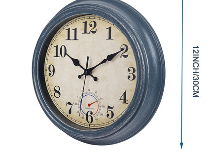 Horizent Outdoor Clocks Waterproof with Thermometer Rustic Coastal Wall Clock Decor for Patio Pool Garden(12 Inch,Blue)