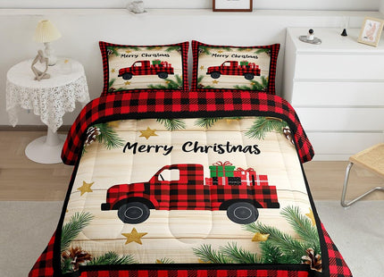 Kids Christmas Car Comforter Set Xmas Rustic Plaid Truck Bedding Set Twin,Christmas Red Black Buffalo Plaid Check Bedding Comforter Sets Farmhouse Pine Tree Leaf Quilt Duvet With 1 Pillow Case