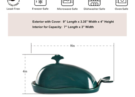 Porcelain Butter Dish for Countertop, Cute Whale Design, Ceramic Butter Dish with Handle, Funny Butter Storage Container, Ideal Gifts for Housewarming, Green