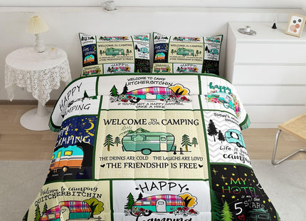 Erosebridal Camping Decor Quilt King,Camper Bedding Set Patchwork Style Wooden Cabin Comforter Set for Girls Women,Rustic Happy Camping Duvet Insert Retro Camp Travel Car Bedroom Decor