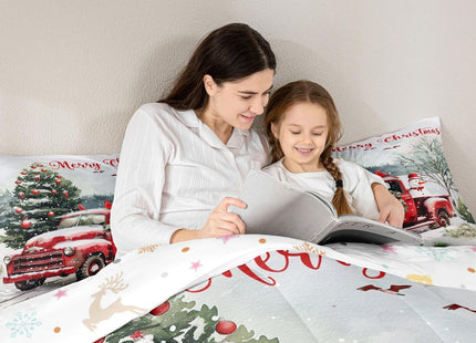 Castle Fairy Merry Christmas Toddler Bedding Set for Kids,Farmhouse Red Truck Snowman Comforter Bed Set,Winter Pine Tree Quilt Set for Child Bedroom 2 PCS,Red Birds Plants Duvet Insert,1 Pillow Case