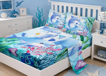 XYNHML Dolphins Animal Aqua Blue Green Sea Sheet Queen 4Pcs Kids Coral Jellyfish Bedding Set for Boys Girls Ocean Waves Bedspread Fish Bed Set with 1 Flat Sheet and 1 Fitted Sheet+2 Pillowcases
