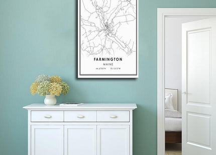 QJWZZong Farmington Maine Map Black And White Lines Minimalist City Topography Canvas Posters Wall Art Bedroom Office Room Decor Gift Frame 12" L X 18" W