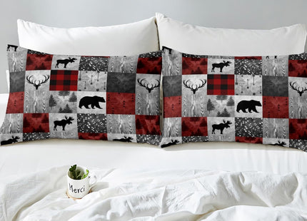 Erosebridal Deer Elk Antler Sheet Set for Kids Teens Adult,Grey Burgundy Rustic Bear Bed Sheets Twin,Buffalo Plaid Check Bedding Set,Vintage Hunting Animal Fitted Sheet + Top Sheet + 1 Pillowcase