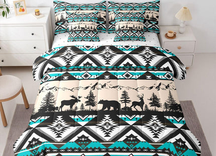 Feelyou Western Comforter Set with Sheets 7 Piece Twin Size Southwestern Aztec Bedding Set for Kids Boys Girls Bear Bed in a Bag Deer Moose Room Decor Wild Animals Blue Soft Lightweight Microfiber