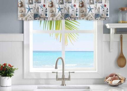 Nautical Valance Curtain for Window,Coastal Lighthouse Starfish Collage Plaid Rod Pocket Kitchen Valances Short Curtain Panel Summer Beach Conch Window Treatment Drape for Bathroom/Bedroom/Cafe