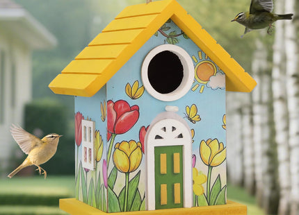 Wooden Bird Houses Bird House for Outside Yellow Wood Bird House for Outdoors,Handmade Painted Tulips Bird Houses for Garden Blue Bird Hummingbird Wren Cardinal Swallow Sparrow Finch Chickadee