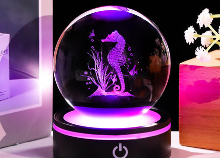 YWHL 3D Seahorse Crystal Ball Figurine with LED Base, Seahorse Gifts for Women Men on Christmas Birthday, Glass Sea Horse Decor Globe Night Light for Home Office (80mm)