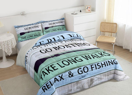 Lake House Comforter Set Twin Gift For Lake Lover,Country Paddle Retro Wood Grain Quilt Retro Rustic Farmhouse Bedding Set For Kids Teens Adult Women, Go Boating Down Comforter Lake Cabin Decor,Teal