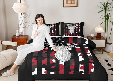 Camo Deer Comforter Set Queen Red Black Camouflage American Flag Bedding Set For Teen Boys Kid,Western Hunting Antler Bedding Comforter Sets Woodland Animal Quilt Set Rustic Farmhouse Room Decor 3 Pcs