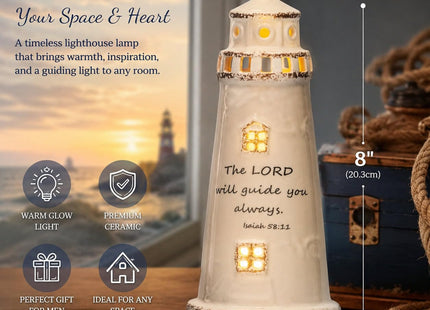 DAILYBREAD Christian Lighthouse Lamp for Men – Ceramic LED Night Light with Scripture Verse, Inspirational Gift for Dad, Husband, Pastor, Christian Home Decor 8" H