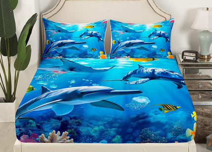 Cute Dolphin Fitted Sheet Twin for Kids Boys Girls,Coastal Animal Bedding Set,Ocean Creatures Under The Sea Bed Sheets,Blue Wave Hawaiian Beach Bed Set
